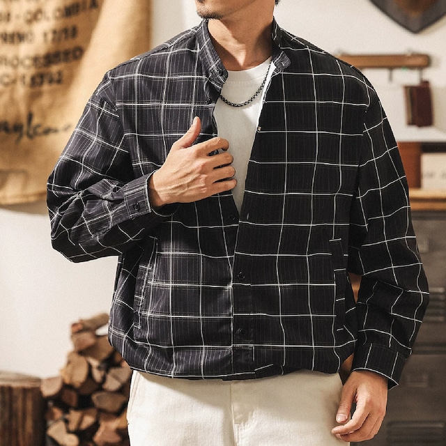 Stand collar two piece vintage check shirt ( 2color )