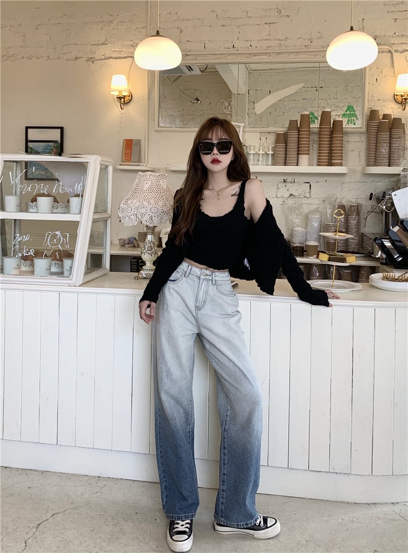 -ウエストストレートレッグ香港スタイルのレトロなデザインジーンズ女性の秋ルーズワイドレッグパンツ薄手のスリムパンツ ブラックストロベリース69184408798