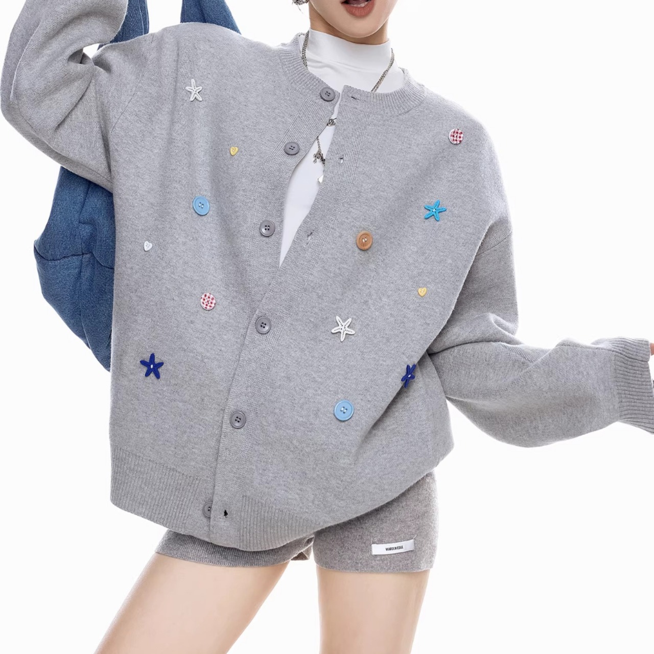 Knit Cardigan with Starfish Buttons, Relaxed Cozy Sweater (ME266)