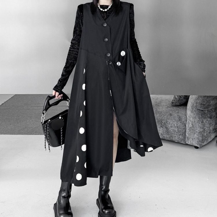 BLACK DOT STITCH V-NECK ASYMMETRIC VEST DRESS 1color M-16083