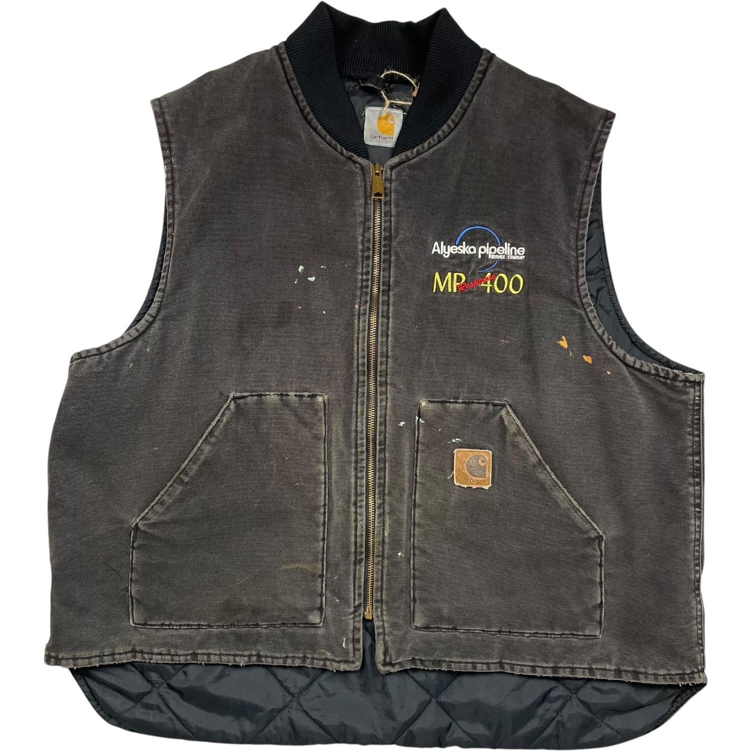 《XL》Carhartt カーハート ダックベスト 企業ロゴ 刺繍 革パッチ フェード ペイント no.9788