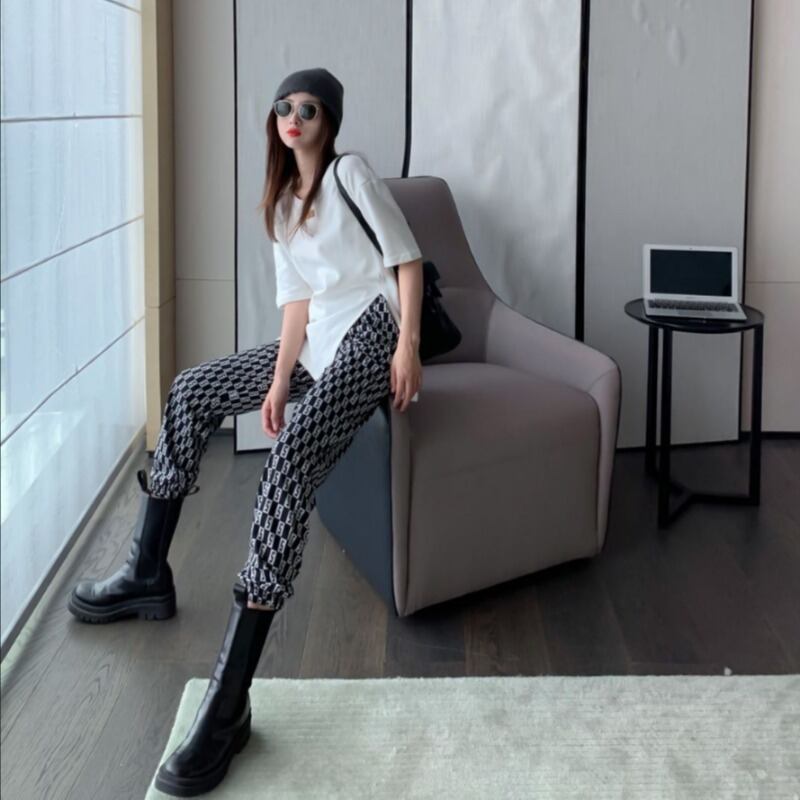 格子柄パンツ カジュアルハイウェストスリムスプリングブラック 春物 ブラックストロベリース11415708936