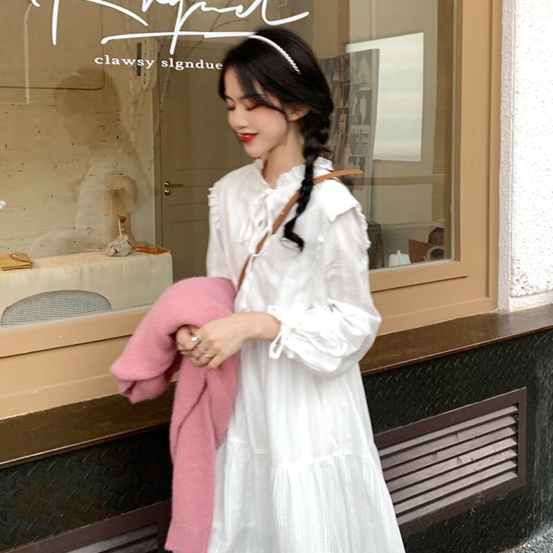 ホワイト長袖スリーブドレス スプリングオータムスカート ロング 春物 秋物 試着室60270125214