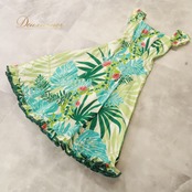 フラダンス 衣装 HANA ALOHA ワンピース ドレス グリーン系 モンステラ柄 植物柄 ハワイアンプリント ハワアイン アロハ フラ ダンス レッスン 練習 フリル フレアスカート 黄緑 緑 白 水色 赤 ホワイト系 ブルー系 レッド系 華やか 鮮やか かわいい おしゃれ 上品