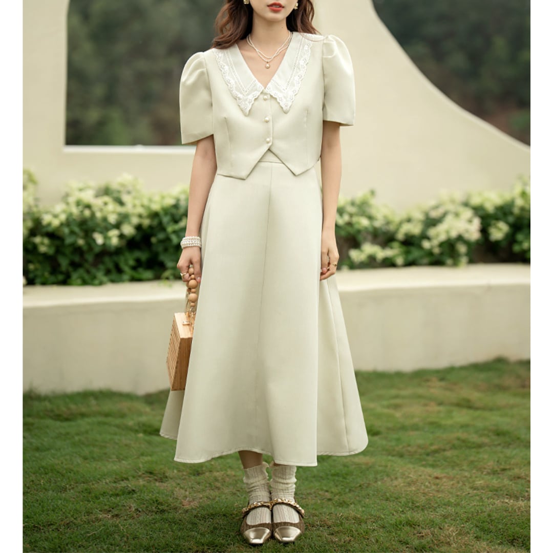 レース襟 半袖パフスリーブ ショート丈ジャケット&Aラインスカート セットアップ 00371