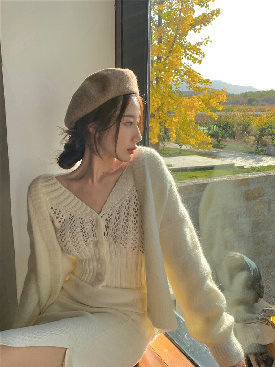 セーター オータムウィンターホワイトスタイルスタンダードジャケット ルーズニットカーディガンVネックトップス レトロ 秋物 冬物 ブラックストロベリース36435157254