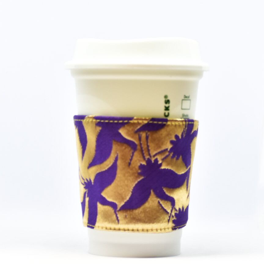 帯 カップスリーブ コーヒースリーブ リメイク 日本製 パープル×ゴールド 折鶴 - cup sleeve