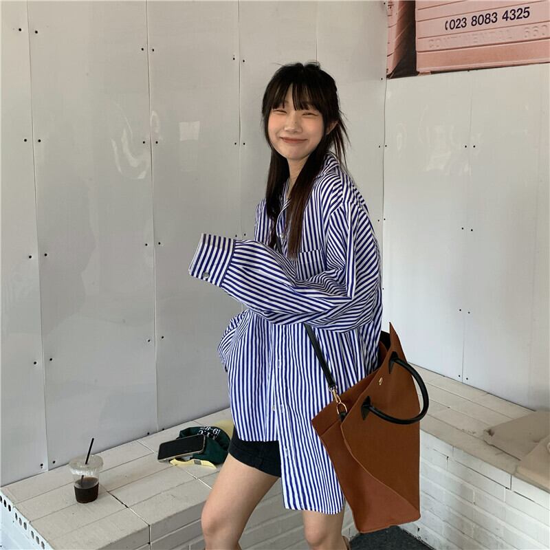 ルーズストライプシャツ オータムトップス ロング 秋物 モンロー24669510172