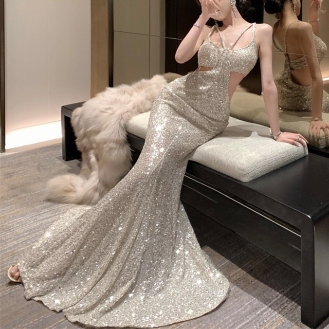 【即納】ウエストカットスパークルロングドレス