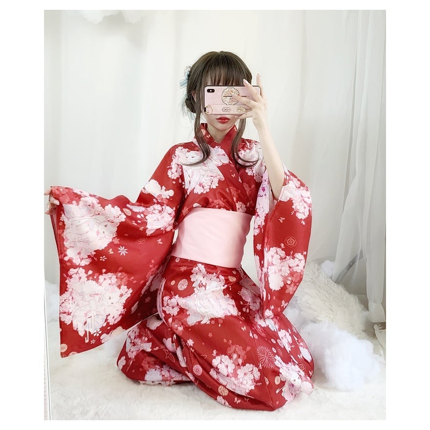 【3点セット】和ロリ♡浴衣セット　桜柄　赤　レトロ可愛い 和ロリ浴衣 桜と少女柄 帯付きロング丈 夏祭りコーデ | ロリータ