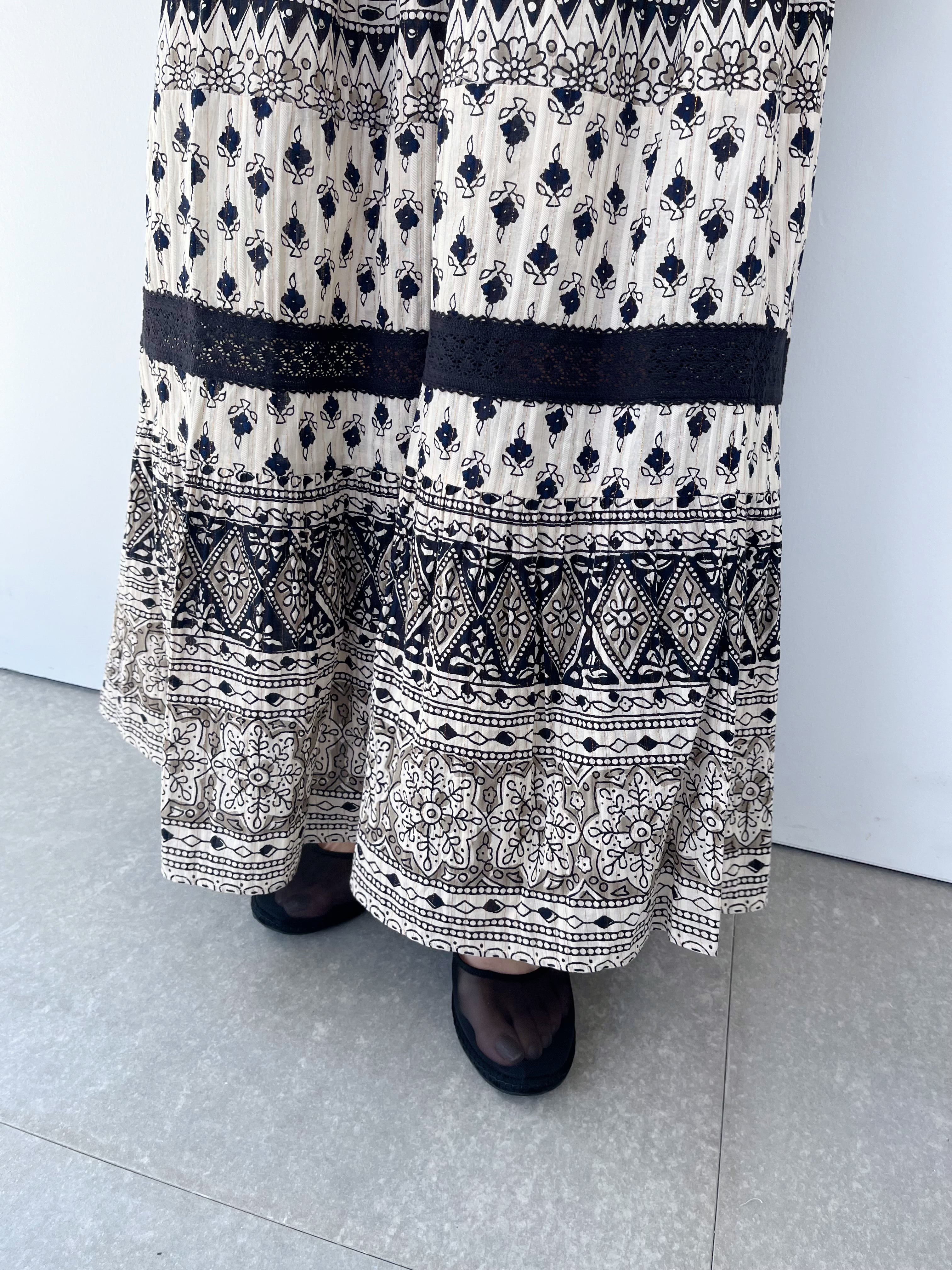 Sara Mallika Cotton Lurex Border Print Sleeveless Dress | KOKO