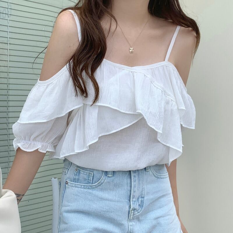 カラープリーツトップス シフォンシャツ レディース オフショルダー ハンチェンe41258429474