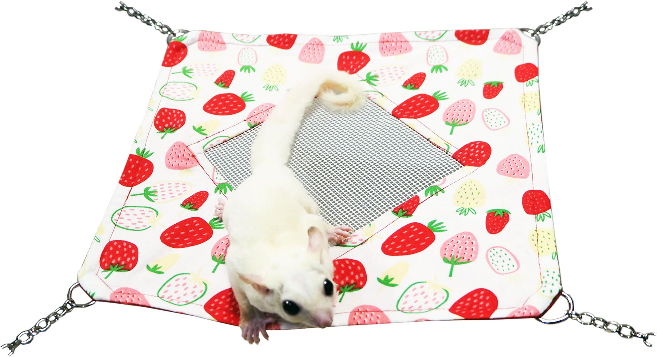 【小動物用品】ミニメッシュハンモック いちご ホワイト/ブルー