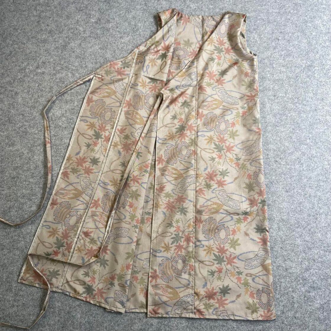 大島紬 カシュクールワンピース 着物リメイク 草花柄 ロング 羽織 F  