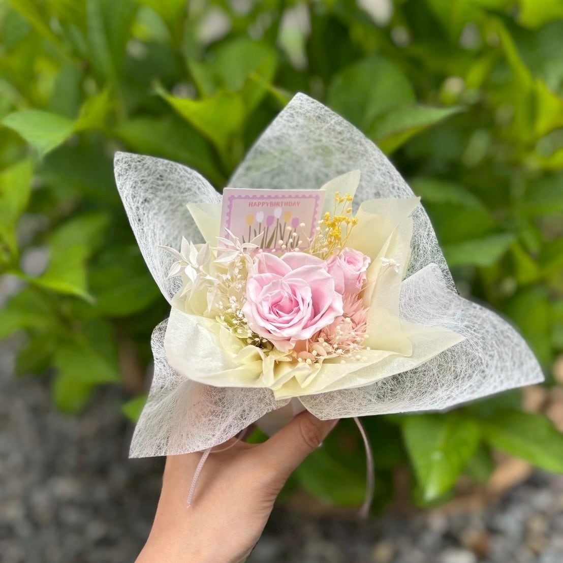 置くだけブーケ風アレンジメント（ピンク×イエロー） プリザーブド