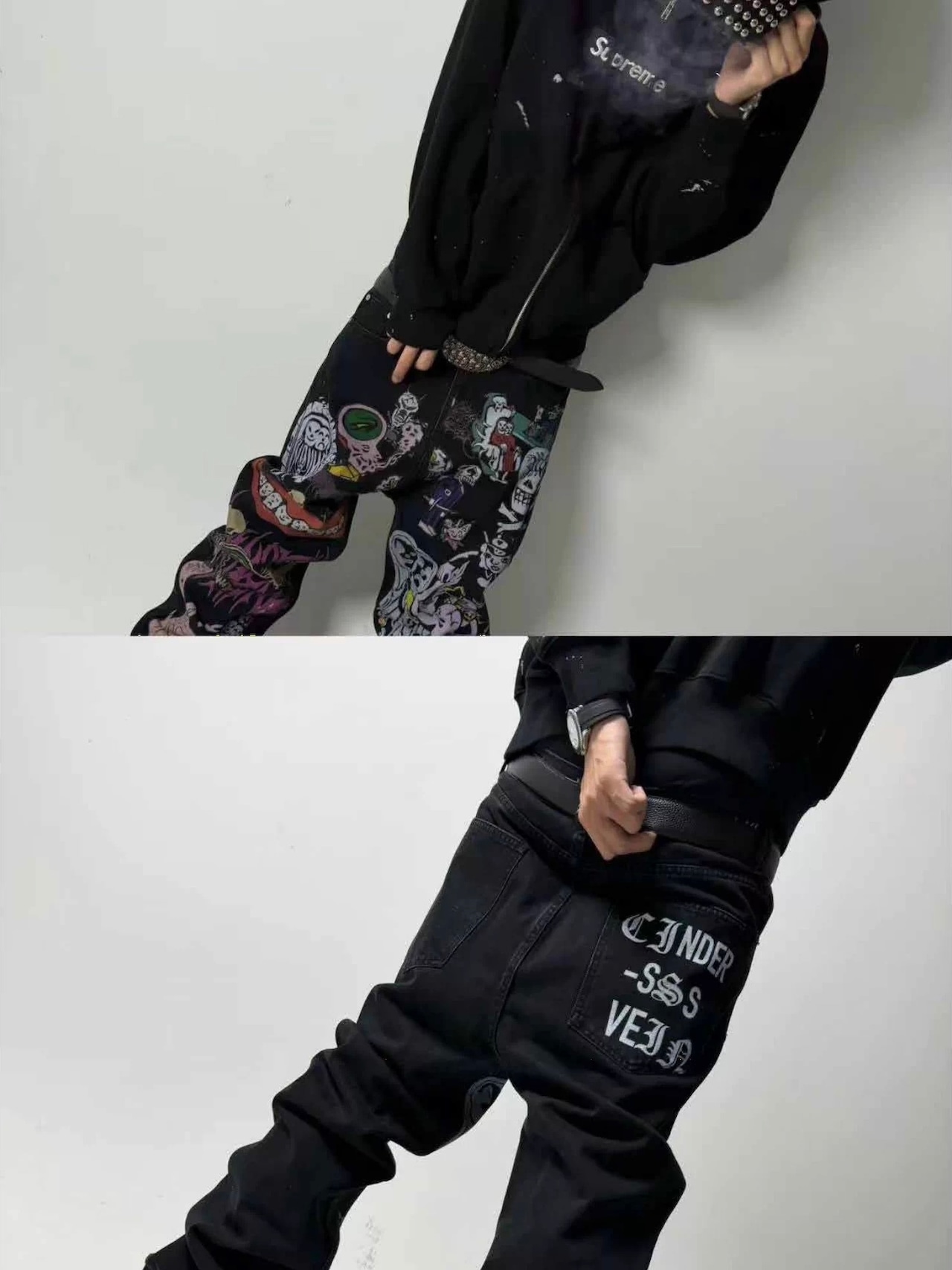 【CinderVein】Demon Skull Graffiti Print Flare Denim Pants