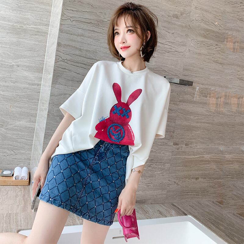 ラインストーンプリント柄Tシャツ スカート スプリングサマー 春物 夏物 MIUCO66326396085