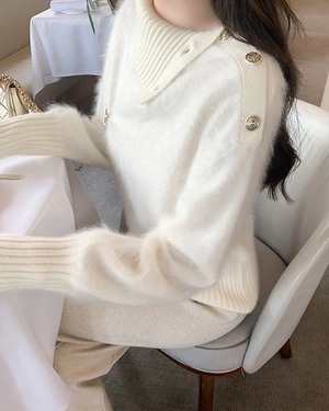 ボタンショルダーハイネックニットトップス A0690
