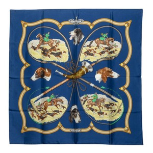 エルメス カレ90 LE LAISSER COURRE 猟犬 スカーフ ブルー シルク レディース HERMES 中古