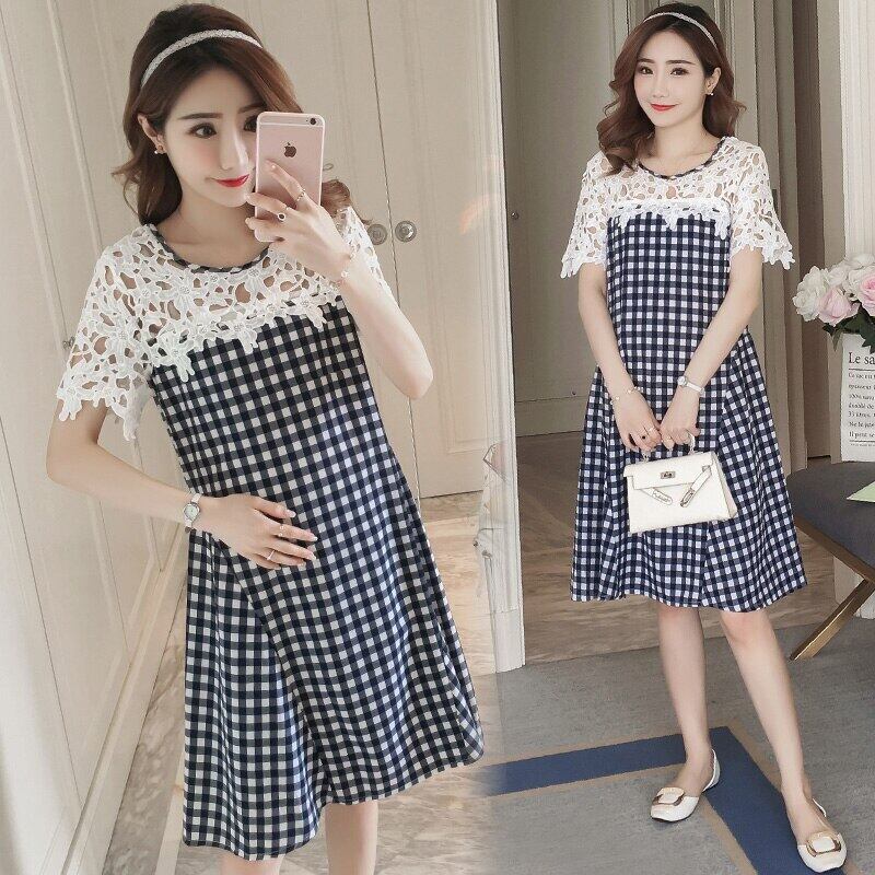 【新作】【送料無料】 2020サマーマタニティホローアウトレースパッチワークチェック柄シフォンドレス半袖Oネックプラスサイズ妊婦Aラインドレス ショート ハーフスリーブ 大きめサイズ 夏物 AL expec353925922857