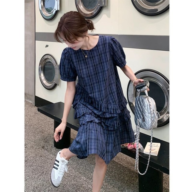 【ワンピース】大きいサイズ  ワンピース レディース 夏 おしゃれ きれいめ 可愛い 春 夏 秋 20代 30代 40代 50代 大人 可愛い カジュアル チェック ダークブルー 青  L XL 2XL 3XL 4XL 5XL