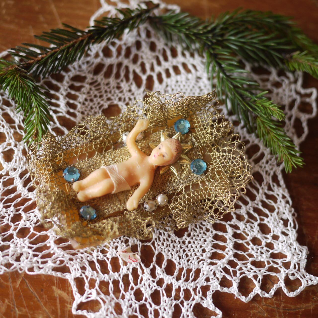 WachsFatschenkind 金のレース クリスマスオーナメント ドイツ