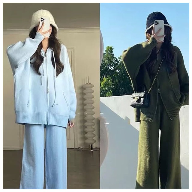カジュアル ファッション フード 付き セーター スーツ 緩い ニット カーディガンコート ワイド レッグ パンツ セットアップ レディース ニットスーツ 秋冬 韓国 プルオーバー ワイドパンツ スーツ ゆったり 上下セット 2点セット 着痩せ おしゃれ きれいめ 大人 着回し 体型カバー 通勤 オフィス 入学式 卒業式 30代 40代 50代 ST-076KMY