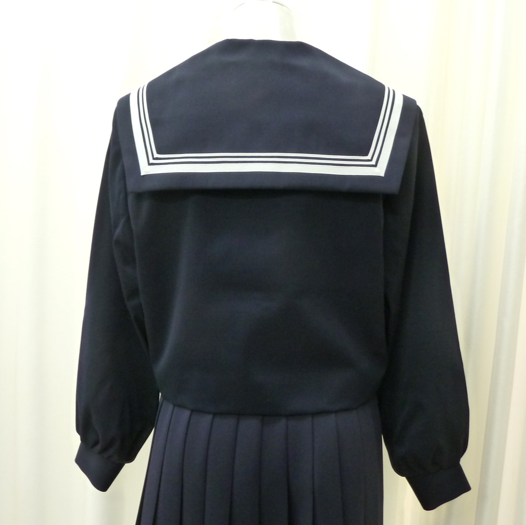 12 藤色1本替襟カバー付き白3本冬セーラー服 旧タイプ 紺色セーラー服(上着のみ) 白三本線 衿カバー