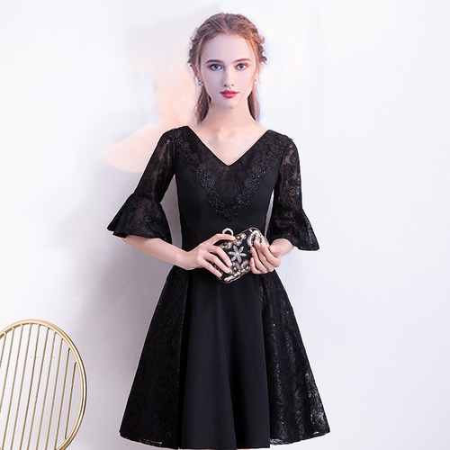 ドレス ワンピース 総レース 5分袖 ミディアム丈 Vネック フレア 結婚式 2次会 お呼ばれ パーティ 春夏 レディース　BADB0029