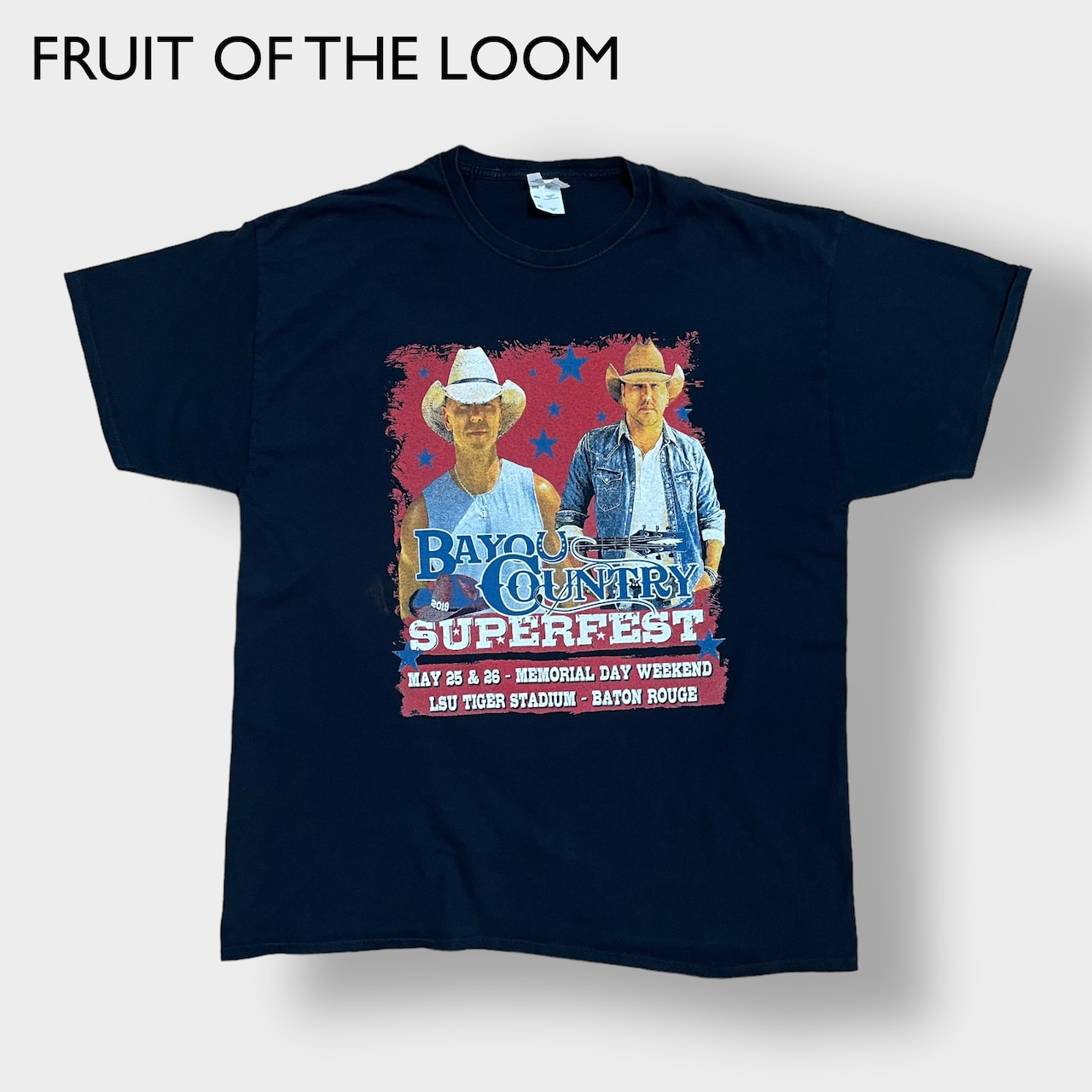 【FRUIT OF THE LOOM】音楽フェス バイユーカントリー Tシャツ バックプリント 両面プリント ロゴ 2XL ビッグサイズ bayou country fest カントリーミュージック イベント系  黒t 半袖 夏物 us古着