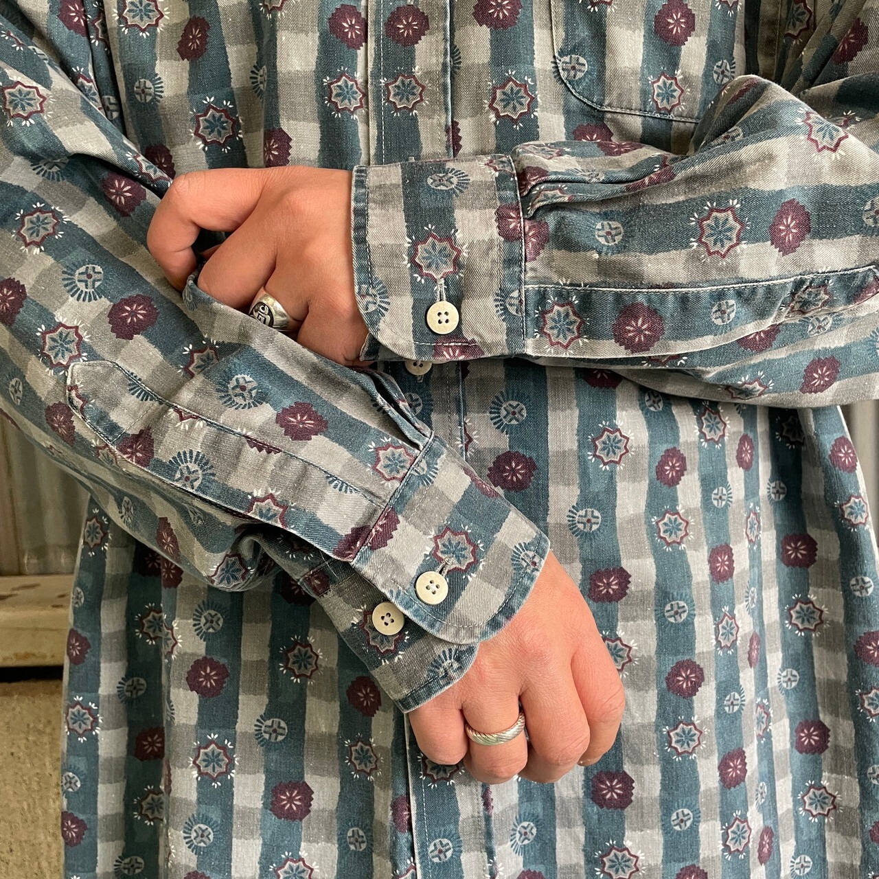 HAGGAR CASUALS 長袖 小紋柄 チェック 総柄シャツ メンズL-XL相当 古着 
