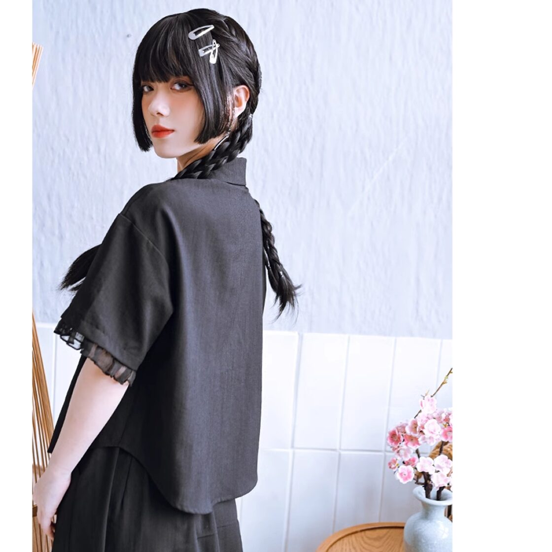レディース 半袖 ブラウス 中国風 花柄刺繍 S M L 黒 ブラック AS11332 