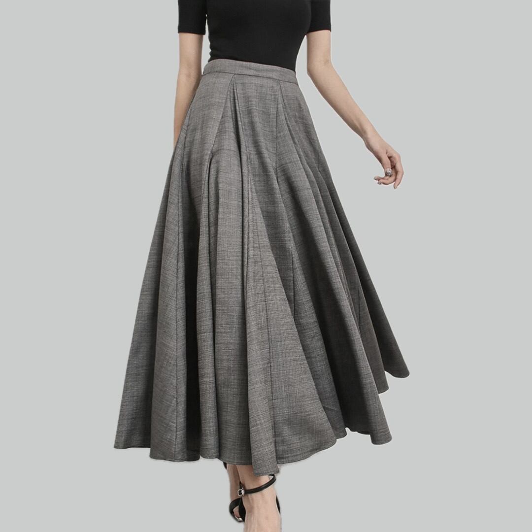 A line gray flare high waist long skirt 00106