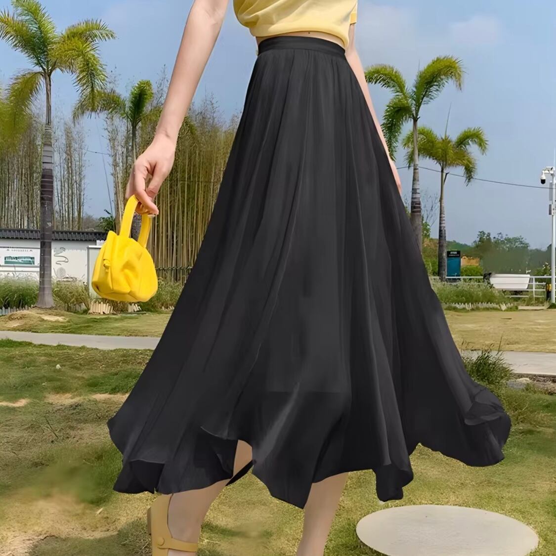 shiny random hem long skirt