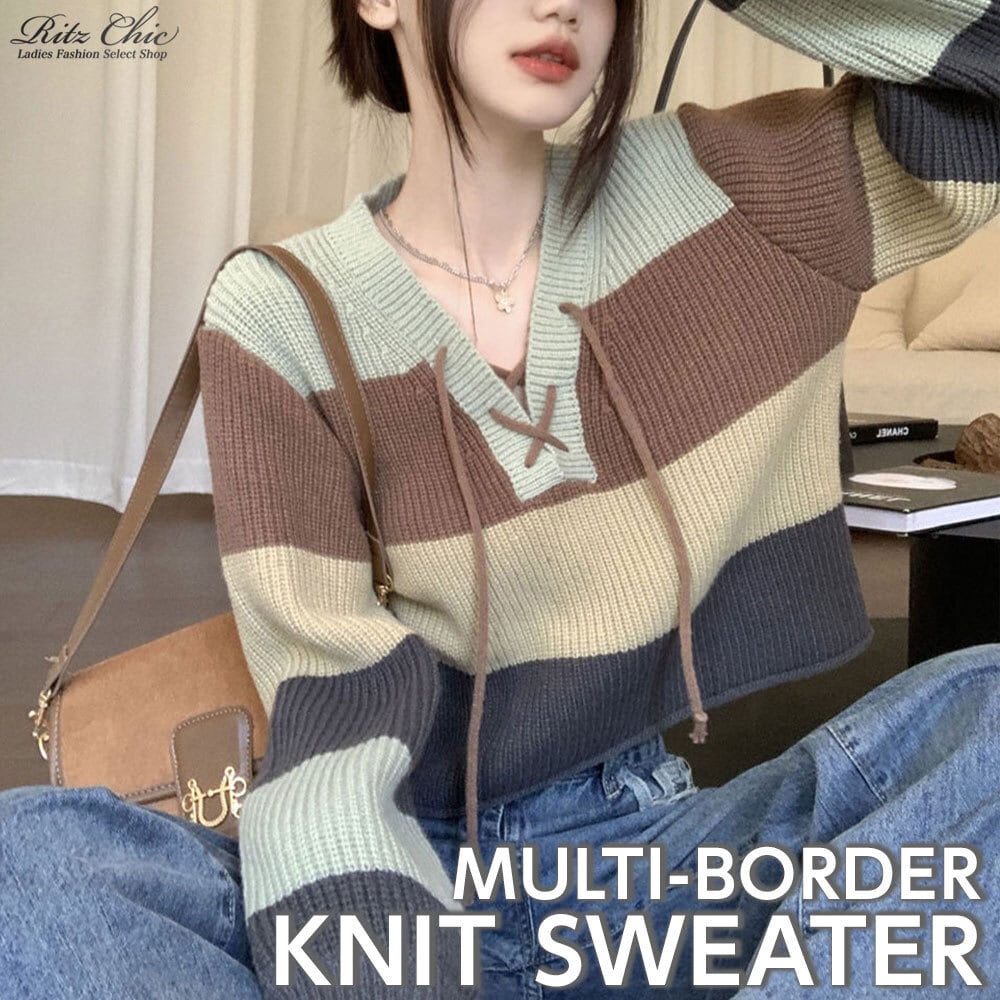 【送料無料】 ニット セーター ボーダー ショート丈 長袖 レディース 春秋冬 韓国 大人 カジュアル おしゃれ マルチボーダー ゆったり 体型カバー レースアップ トップス 大人可愛い 大人女子