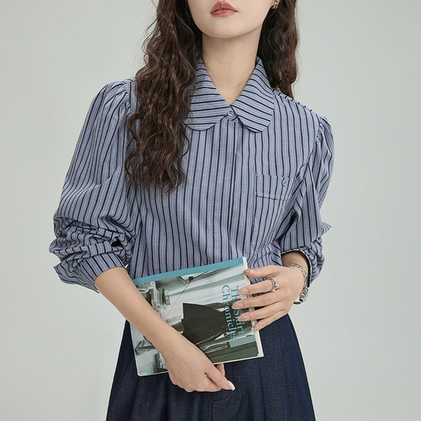 ストライプ柄 フロントポケット長袖シャツ 00288