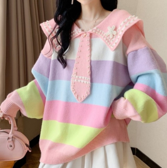 mid-length knit  sweater with a Peter Pan collar(CF181)