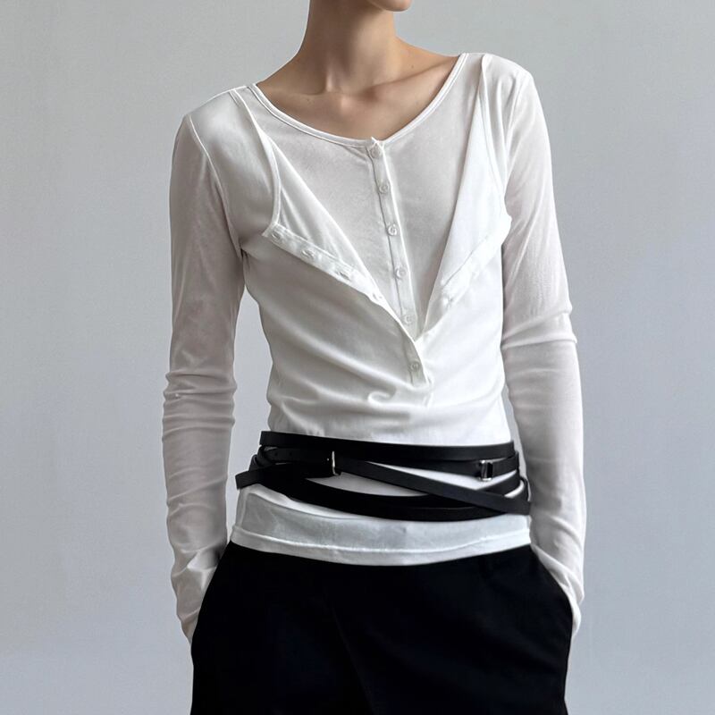 ボタンフロント 長袖 ヒップ丈 フェイクツーピースカットソー 2color MTO0452