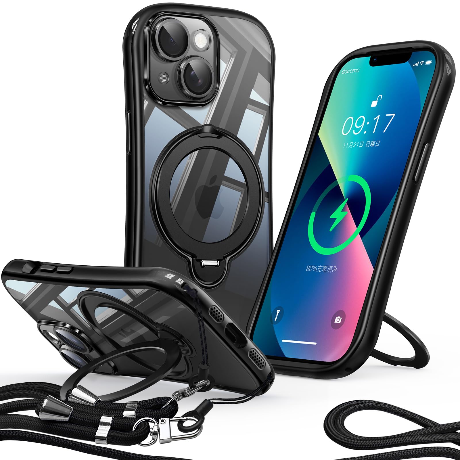 Reukdnv ケース 用の iPhone 14 / 13 ショルダー 360°回転スタンド Magsafe対応 一体型レンズ保護(ブラック)