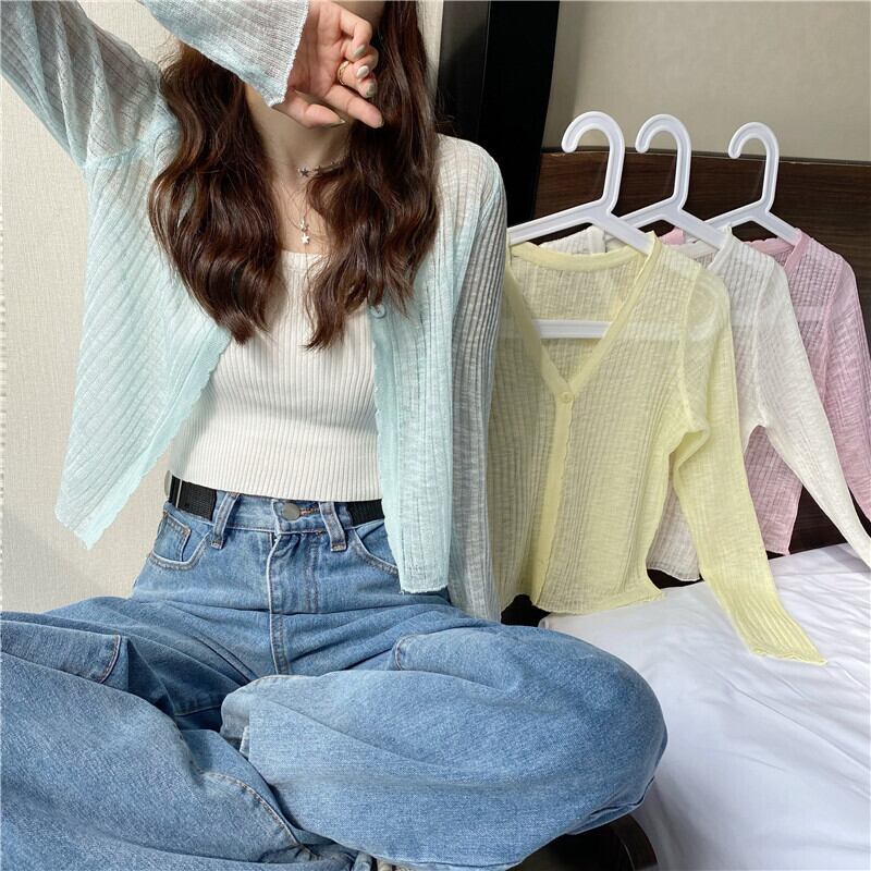 セーター カーディガンVネックレディースサマースリムブラウス ロング 夏物 YY-ファッション66557745250