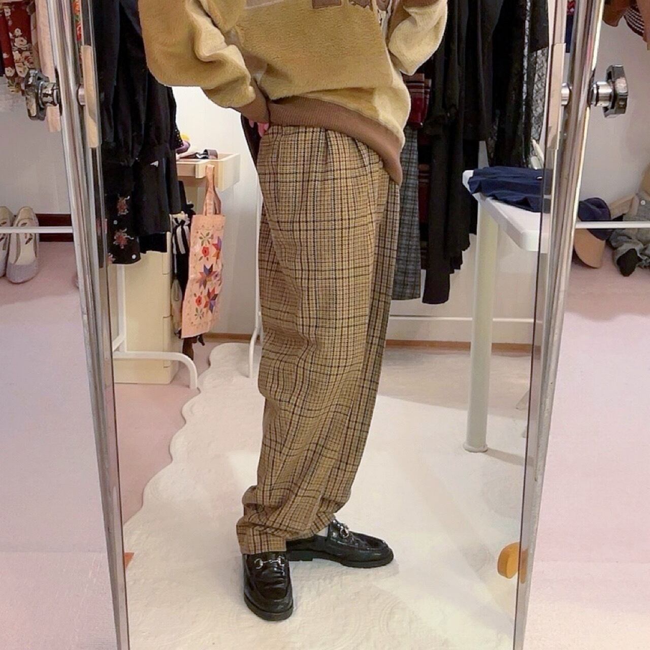 beige check wool tuck pants