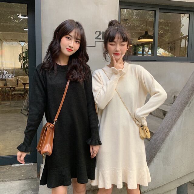 ワンピース レディース ニットワンピ ショート丈 リブ フリル かわいい シンプル ブラック/ホワイト S/M/L/XL