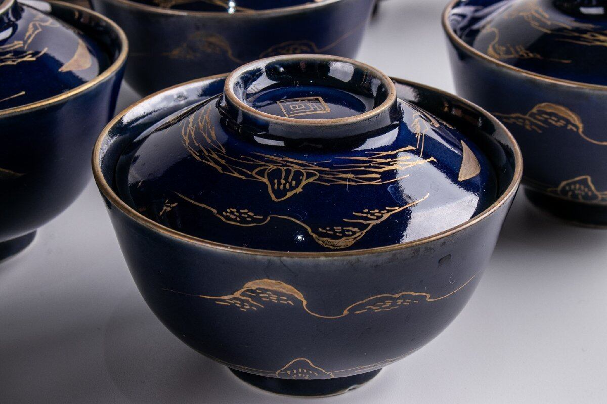 古伊万里 瑠璃釉金彩山水文蓋茶碗 10客 明治時代 F175E バラ売り可能 古伊万里 瑠璃釉金彩山水文蓋茶碗 10客 明治時代 F175E バラ売り可能