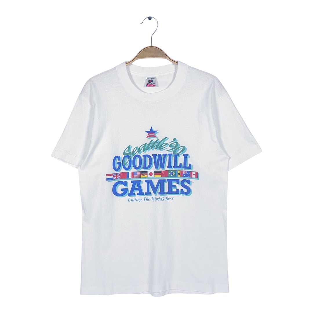 90s グッドウィルゲームス  国旗 USA製 ヴィンテージ Tシャツ シアトル フルーツオブザルーム ホワイト シングルステッチ サイズM 古着 BZ0581