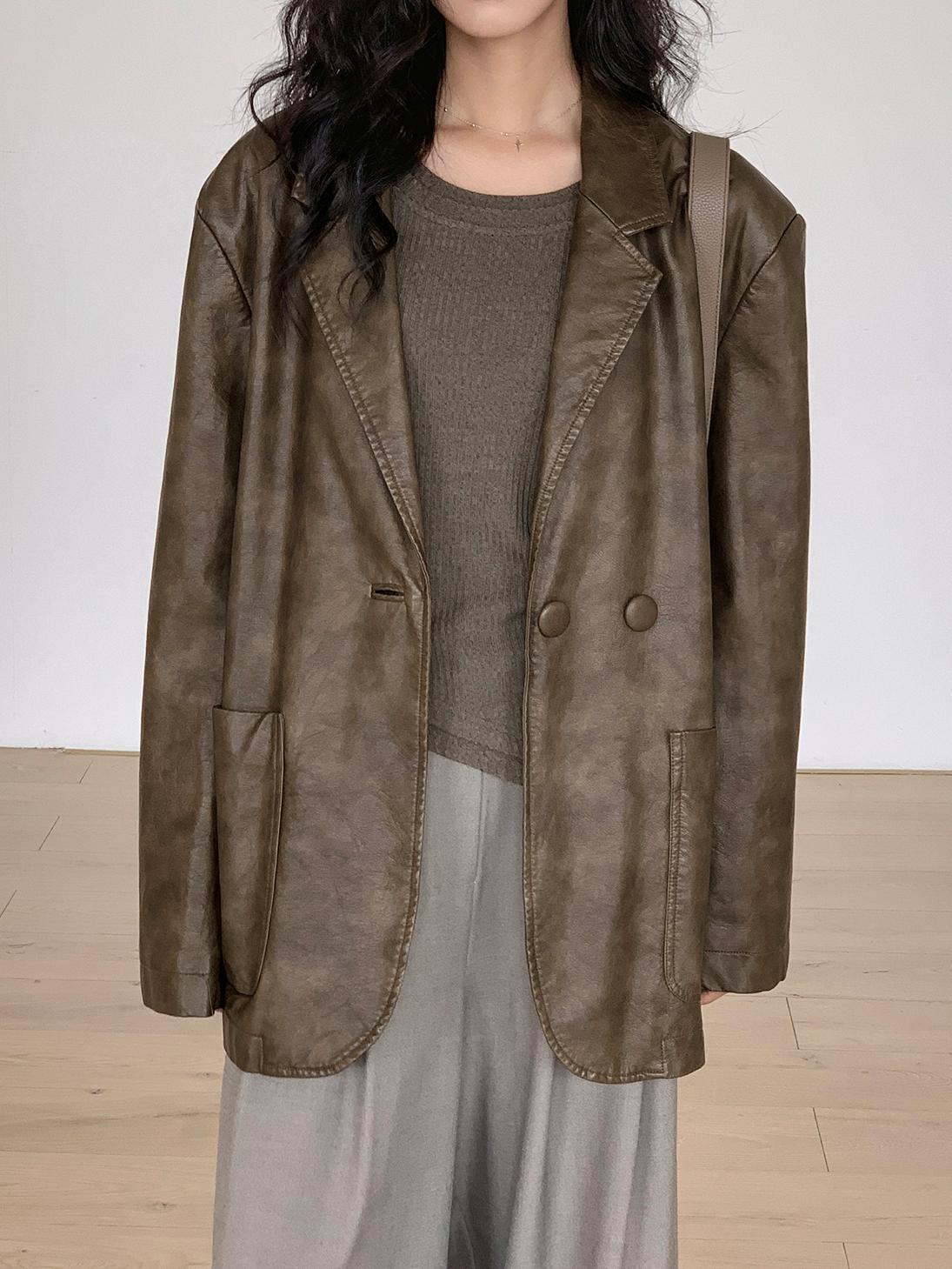 ジャケット・アウター RETRO FAKE LEATHER JACKET SUGGESTION 革ジャン ライダース Big silhouette fake leather short