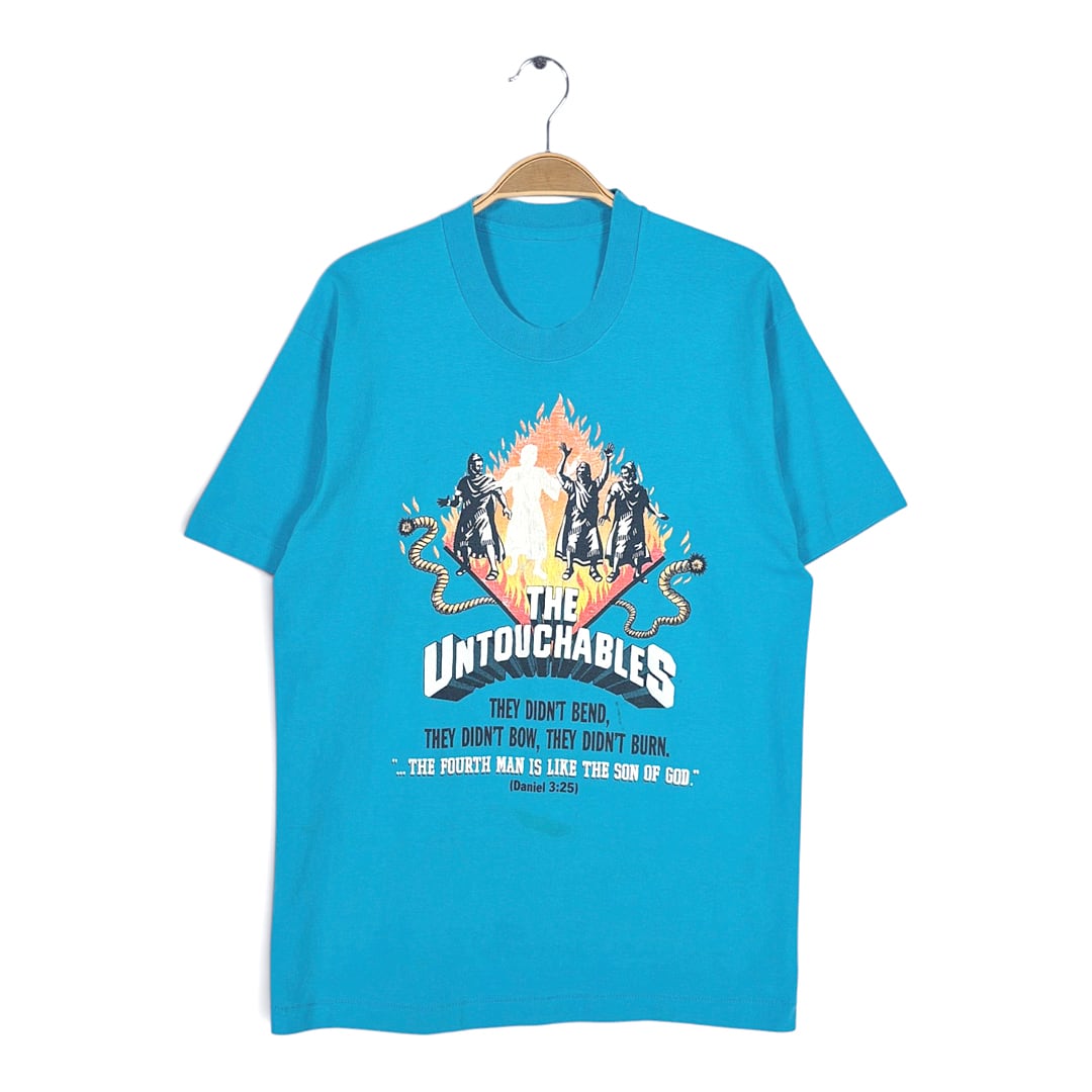 90s 聖書 ダニエル書3章25節 ヴィンテージ Tシャツ バイブル アンタッチャブルズ ブルー シングルステッチ サイズL相当 古着 BZ0579