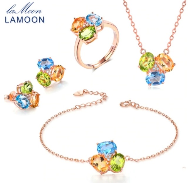 LAMOON 　ジュエリー４点セット　リング・ブレスレット・ピアス・ネックレス　3ct オーバル　シトリングリーンペリドットブルートパーズ　 925-スターリング-銀　女性　SKU-359