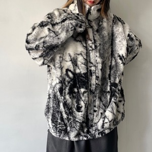 Wolf print fleece jacket