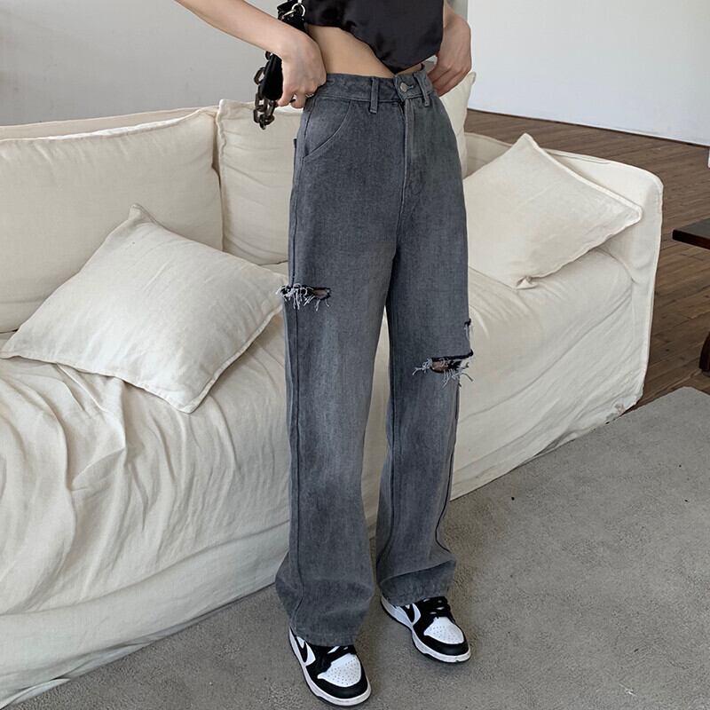 グレーハイウェストウェスト薄手ジーンズ サマールーズワイドレッグパンツ 夏物 ワイドパンツ モンロー5506271555