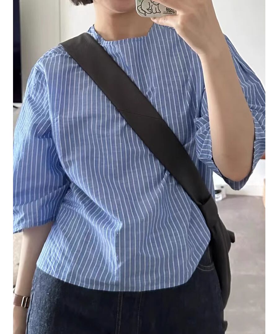 ストライプ5分袖◆シンプルシャツ【t-10953】